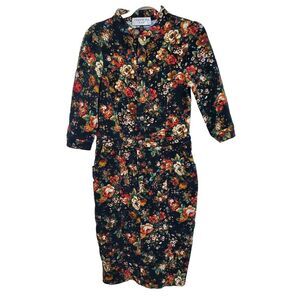 Cyanine Sea Vintage Floral Mock‎ Neck Dress Navy Blue Autumn Garden Print Size L
